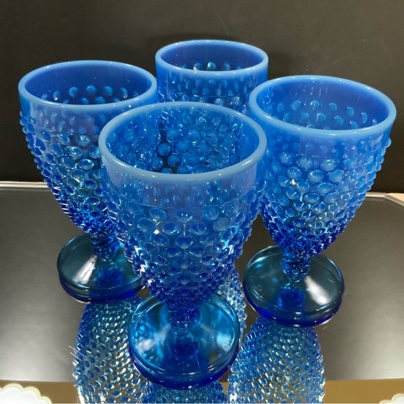 Vintage Fenton Wine Water Goblets Sapphire Blue Opalescent Set 4 Glass #63 - Picture 1 of 6